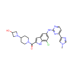 Cn1cnc(-c2ccnc(Nc3cc(Cl)c4[nH]c(C(=O)N5CCC(N6CC(O)C6)CC5)cc4c3)n2)c1 ZINC000205652370