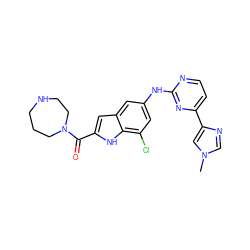 Cn1cnc(-c2ccnc(Nc3cc(Cl)c4[nH]c(C(=O)N5CCCNCC5)cc4c3)n2)c1 ZINC000205650146