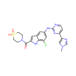 Cn1cnc(-c2ccnc(Nc3cc(Cl)c4[nH]c(C(=O)N5CCS(=O)(=O)CC5)cc4c3)n2)c1 ZINC000222326482