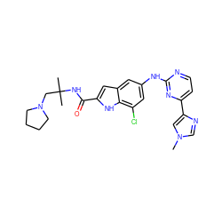 Cn1cnc(-c2ccnc(Nc3cc(Cl)c4[nH]c(C(=O)NC(C)(C)CN5CCCC5)cc4c3)n2)c1 ZINC000222323187