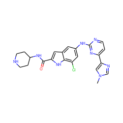 Cn1cnc(-c2ccnc(Nc3cc(Cl)c4[nH]c(C(=O)NC5CCNCC5)cc4c3)n2)c1 ZINC000222679400