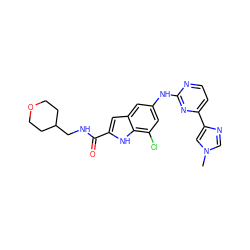 Cn1cnc(-c2ccnc(Nc3cc(Cl)c4[nH]c(C(=O)NCC5CCOCC5)cc4c3)n2)c1 ZINC000222676586