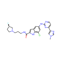 Cn1cnc(-c2ccnc(Nc3cc(Cl)c4[nH]c(C(=O)NCCCN5CC[C@@H](F)C5)cc4c3)n2)c1 ZINC000205652463