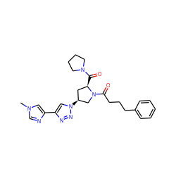 Cn1cnc(-c2cn([C@H]3C[C@@H](C(=O)N4CCCC4)N(C(=O)CCCc4ccccc4)C3)nn2)c1 ZINC000095571619