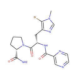 Cn1cnc(C[C@H](NC(=O)c2cnccn2)C(=O)N2CCC[C@H]2C(N)=O)c1Br ZINC000473089031