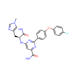 Cn1cnc(C[C@H](Nc2cc(C(N)=O)nc(-c3ccc(Oc4ccc(F)cc4)cc3)n2)C(N)=O)c1 ZINC000142605813