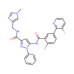 Cn1cnc(CNC(=O)c2cc(NC(=O)c3cc(-c4ncccc4F)ccc3Cl)n(-c3ccccc3)n2)c1 ZINC001772633725
