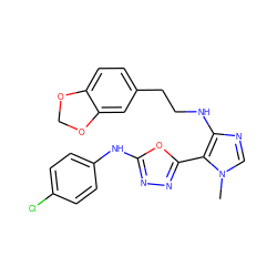 Cn1cnc(NCCc2ccc3c(c2)OCO3)c1-c1nnc(Nc2ccc(Cl)cc2)o1 ZINC000028571879