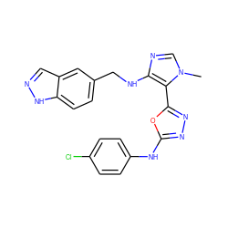 Cn1cnc(NCc2ccc3[nH]ncc3c2)c1-c1nnc(Nc2ccc(Cl)cc2)o1 ZINC000028571739