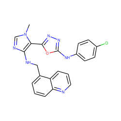 Cn1cnc(NCc2cccc3ncccc23)c1-c1nnc(Nc2ccc(Cl)cc2)o1 ZINC000028571771