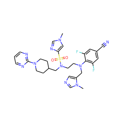 Cn1cnc(S(=O)(=O)N(CCN(Cc2cncn2C)c2c(F)cc(C#N)cc2F)CC2CCN(c3ncccn3)CC2)c1 ZINC000064526889