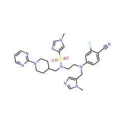 Cn1cnc(S(=O)(=O)N(CCN(Cc2cncn2C)c2ccc(C#N)c(F)c2)CC2CCN(c3ncccn3)CC2)c1 ZINC000064539978