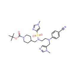 Cn1cnc(S(=O)(=O)N(CCN(Cc2cncn2C)c2ccc(C#N)cc2)CC2CCN(C(=O)OC(C)(C)C)CC2)c1 ZINC000039187970