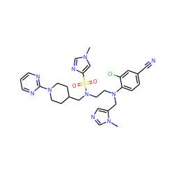 Cn1cnc(S(=O)(=O)N(CCN(Cc2cncn2C)c2ccc(C#N)cc2Cl)CC2CCN(c3ncccn3)CC2)c1 ZINC000064539977