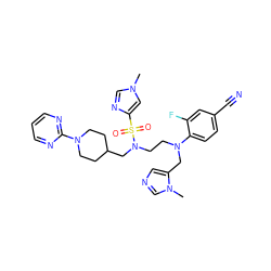 Cn1cnc(S(=O)(=O)N(CCN(Cc2cncn2C)c2ccc(C#N)cc2F)CC2CCN(c3ncccn3)CC2)c1 ZINC000064540182