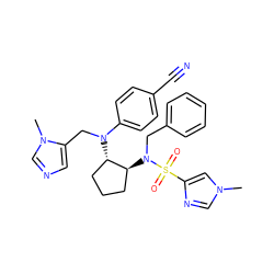 Cn1cnc(S(=O)(=O)N(Cc2ccccc2)[C@H]2CCC[C@@H]2N(Cc2cncn2C)c2ccc(C#N)cc2)c1 ZINC000042834517