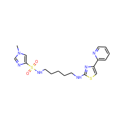 Cn1cnc(S(=O)(=O)NCCCCCNc2nc(-c3ccccn3)cs2)c1 ZINC000073164441