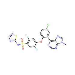 Cn1cnc2c(-c3cc(Cl)ccc3Oc3cc(F)c(S(=O)(=O)Nc4ncns4)cc3F)ncnc21 ZINC000205537066