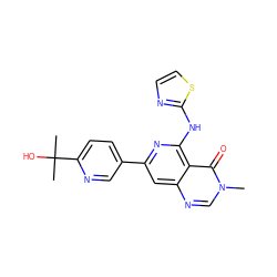 Cn1cnc2cc(-c3ccc(C(C)(C)O)nc3)nc(Nc3nccs3)c2c1=O ZINC000115623398