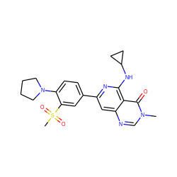 Cn1cnc2cc(-c3ccc(N4CCCC4)c(S(C)(=O)=O)c3)nc(NC3CC3)c2c1=O ZINC000115624140