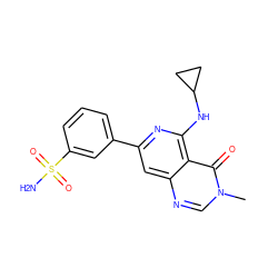 Cn1cnc2cc(-c3cccc(S(N)(=O)=O)c3)nc(NC3CC3)c2c1=O ZINC000115624548