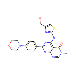 Cn1cnc2nc(-c3ccc(N4CCOCC4)cc3)nc(Nc3nc(CO)cs3)c2c1=O ZINC000144802154