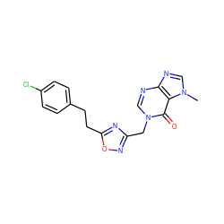 Cn1cnc2ncn(Cc3noc(CCc4ccc(Cl)cc4)n3)c(=O)c21 ZINC000653737704