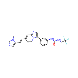 Cn1cncc1/C=C/c1ccn2c(-c3cccc(NC(=O)NCC(F)(F)F)c3)cnc2c1 ZINC000147083484