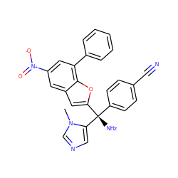 Cn1cncc1[C@@](N)(c1ccc(C#N)cc1)c1cc2cc([N+](=O)[O-])cc(-c3ccccc3)c2o1 ZINC000003820260