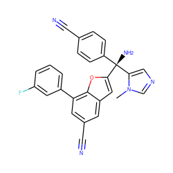 Cn1cncc1[C@@](N)(c1ccc(C#N)cc1)c1cc2cc(C#N)cc(-c3cccc(F)c3)c2o1 ZINC000003820265