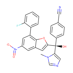 Cn1cncc1[C@@](O)(c1ccc(C#N)cc1)c1cc2cc([N+](=O)[O-])cc(-c3ccccc3F)c2o1 ZINC000040409224