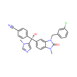 Cn1cncc1[C@@](O)(c1ccc(C#N)cc1)c1ccc2c(c1)n(Cc1cccc(Cl)c1)c(=O)n2C ZINC000014955712