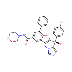 Cn1cncc1[C@@](O)(c1ccc(Cl)cc1)c1cc2cc(C(=O)NN3CCOCC3)cc(-c3ccccc3)c2o1 ZINC000039029984