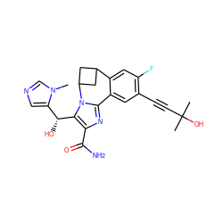 Cn1cncc1[C@@H](O)c1c(C(N)=O)nc2n1C1CC(C1)c1cc(F)c(C#CC(C)(C)O)cc1-2 ZINC000219494198