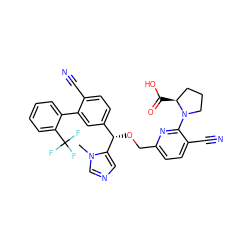 Cn1cncc1[C@@H](OCc1ccc(C#N)c(N2CCC[C@@H]2C(=O)O)n1)c1ccc(C#N)c(-c2ccccc2C(F)(F)F)c1 ZINC000028348237