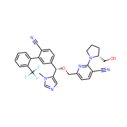 Cn1cncc1[C@@H](OCc1ccc(C#N)c(N2CCC[C@@H]2CO)n1)c1ccc(C#N)c(-c2ccccc2C(F)(F)F)c1 ZINC000028337447