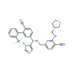 Cn1cncc1[C@@H](OCc1ccc(C#N)c(NC[C@@H]2CCOC2)n1)c1ccc(C#N)c(-c2ccccc2C(F)(F)F)c1 ZINC000028353256