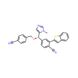 Cn1cncc1[C@@H](OCc1ccc(C#N)cc1)c1ccc(C#N)c(-c2cc3ccccc3s2)c1 ZINC000028348172