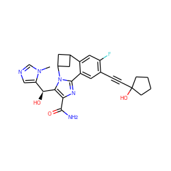 Cn1cncc1[C@H](O)c1c(C(N)=O)nc2n1C1CC(C1)c1cc(F)c(C#CC3(O)CCCC3)cc1-2 ZINC000219458256