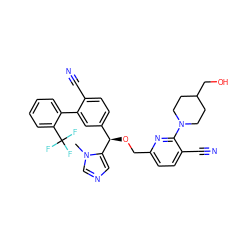 Cn1cncc1[C@H](OCc1ccc(C#N)c(N2CCC(CO)CC2)n1)c1ccc(C#N)c(-c2ccccc2C(F)(F)F)c1 ZINC000014164601