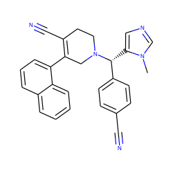 Cn1cncc1[C@H](c1ccc(C#N)cc1)N1CCC(C#N)=C(c2cccc3ccccc23)C1 ZINC000013489039