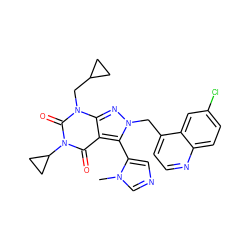 Cn1cncc1-c1c2c(=O)n(C3CC3)c(=O)n(CC3CC3)c2nn1Cc1ccnc2ccc(Cl)cc12 ZINC000084739985