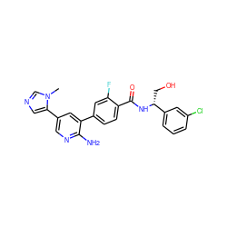 Cn1cncc1-c1cnc(N)c(-c2ccc(C(=O)N[C@H](CO)c3cccc(Cl)c3)c(F)c2)c1 ZINC001772625138