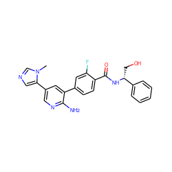 Cn1cncc1-c1cnc(N)c(-c2ccc(C(=O)N[C@H](CO)c3ccccc3)c(F)c2)c1 ZINC001772588134