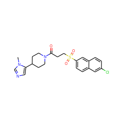 Cn1cncc1C1CCN(C(=O)CCS(=O)(=O)c2ccc3cc(Cl)ccc3c2)CC1 ZINC000042878283