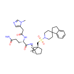 Cn1cncc1CC(=O)N[C@@H](CCC(N)=O)C(=O)N[C@H]1C[C@H]2CC[C@]1(CS(=O)(=O)N1CCC3(CCc4ccccc43)CC1)C2(C)C ZINC000027318345