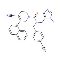 Cn1cncc1CN(Cc1ccc(C#N)cc1)C(=O)N1CCC(C#N)=C(c2cccc3ccccc23)C1 ZINC000013489037