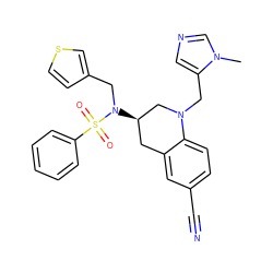 Cn1cncc1CN1C[C@H](N(Cc2ccsc2)S(=O)(=O)c2ccccc2)Cc2cc(C#N)ccc21 ZINC000028337921