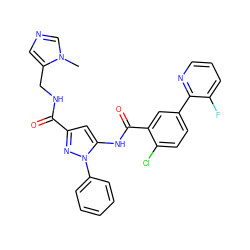 Cn1cncc1CNC(=O)c1cc(NC(=O)c2cc(-c3ncccc3F)ccc2Cl)n(-c2ccccc2)n1 ZINC001772601841