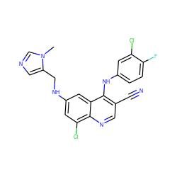 Cn1cncc1CNc1cc(Cl)c2ncc(C#N)c(Nc3ccc(F)c(Cl)c3)c2c1 ZINC000014977468